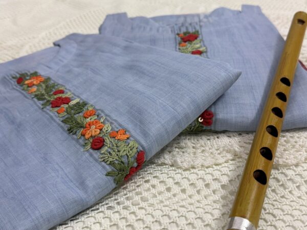 Sky Blue Linen Kurti with Threaded Hand Work & Digital Print