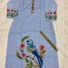Sky Blue Linen Kurti with Threaded Hand Work & Digital Print