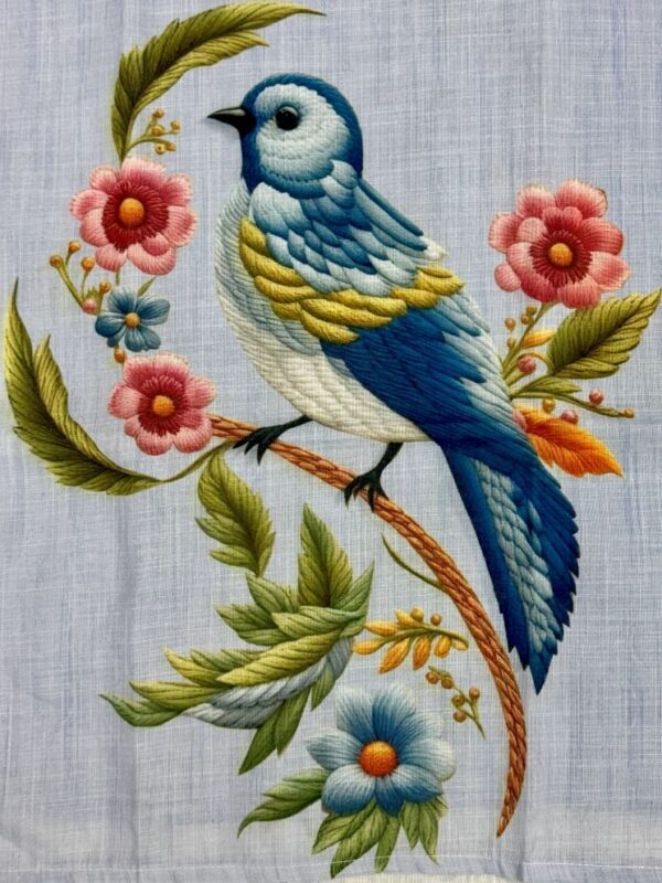 Sky Blue Linen Kurti with Threaded Hand Work & Digital Print