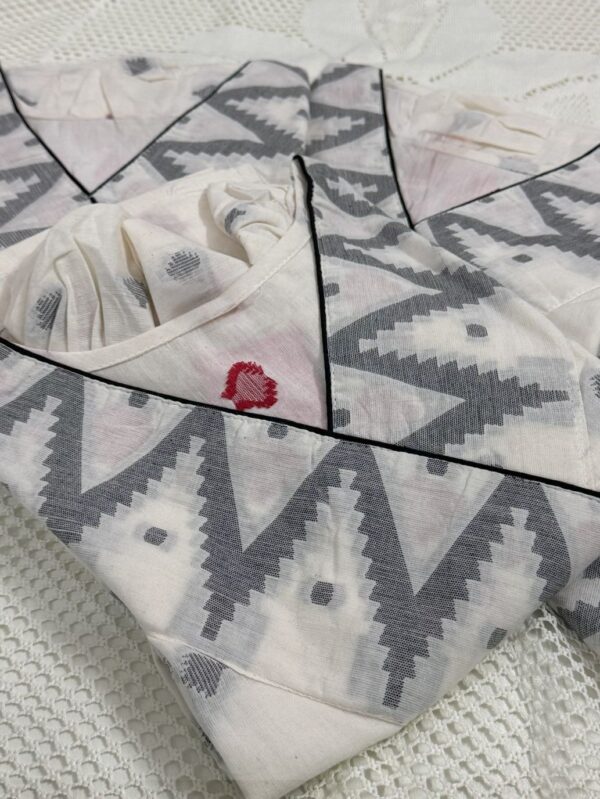 White Puffed Sleeve Cotton Kurti with Weaved Jamdani Angrakha Pattern