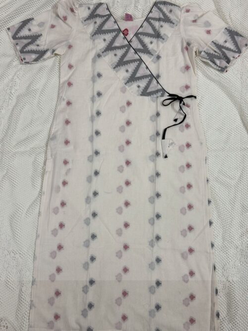 White Puffed Sleeve Cotton Kurti with Weaved Jamdani Angrakha Pattern