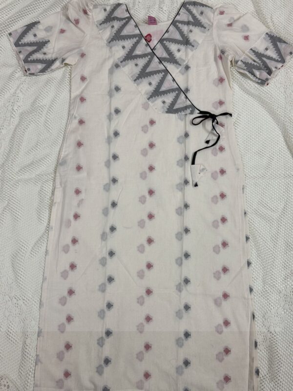 White Puffed Sleeve Cotton Kurti with Weaved Jamdani Angrakha Pattern