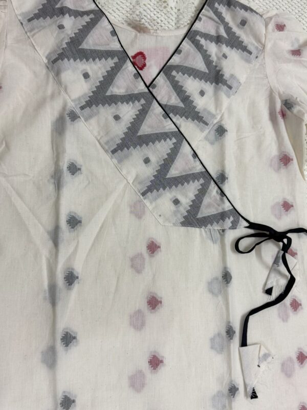 White Puffed Sleeve Cotton Kurti with Weaved Jamdani Angrakha Pattern