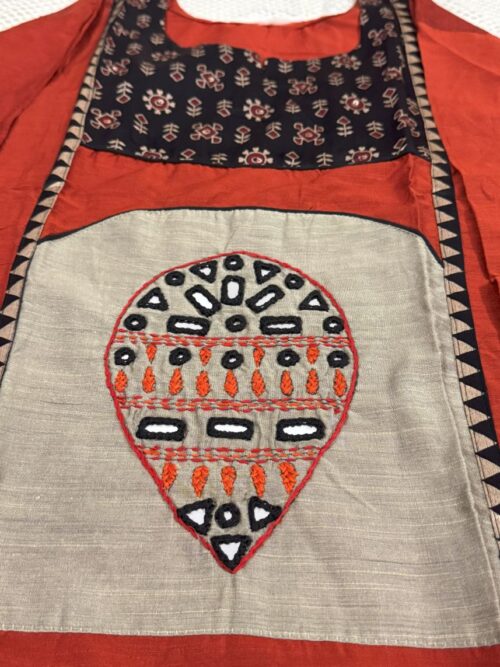 Rust Orange Raw Silk Kurti with Mirror Work & Hand Stitch Detailing | Elegant Ethnic Wear by KanakRiti