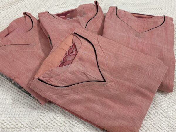 Peach Linen Kurti with Embossed Glitter & Artistic Highlight Painting, Pant & Dupatta Set