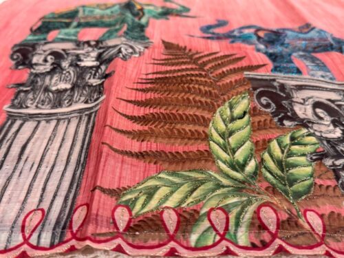 Peach Linen Kurti with Embossed Glitter & Artistic Highlight Painting, Pant & Dupatta Set