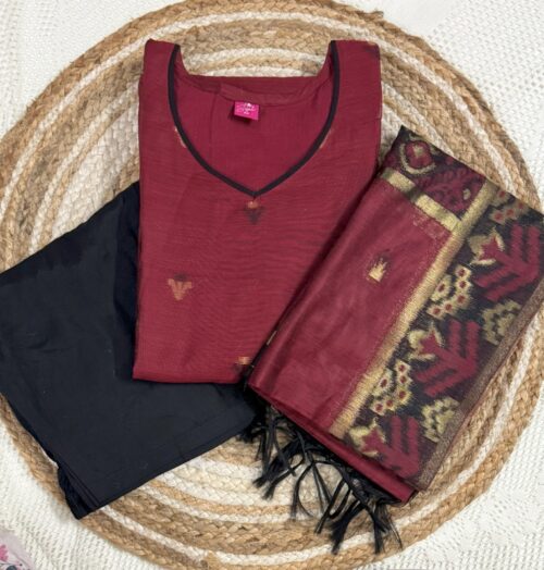 Maroon Soft Tasar Banarasi Kurti Set with Dupatta & Pant