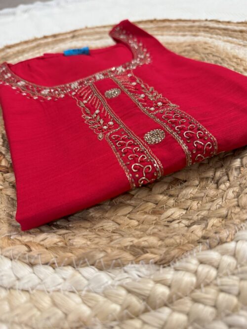 Red Raw Silk Kurti with Zardosi Hand Work