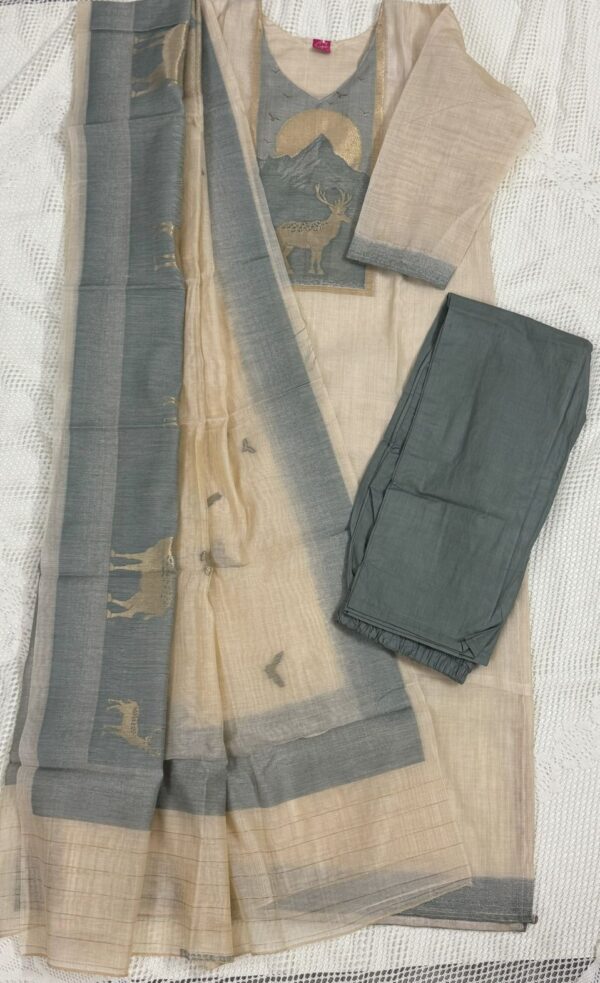 Off-White Weaved Tassar Kurti with Pant & Dupatta – Elegant Zari Work