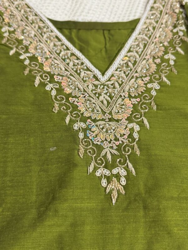Olive Green Raw Silk Kurti with Zardosi Hand Work | Elegant Festive Wear by KanakRiti