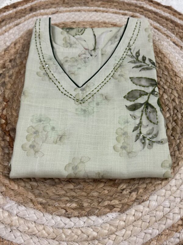 Light Pesta Green Linen Kurti with Kantha Stitch Work