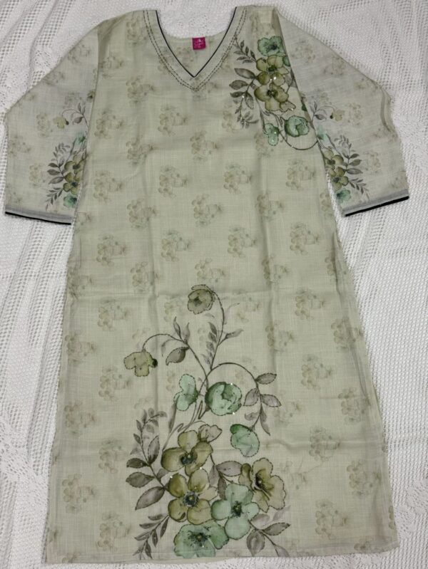 Light Pesta Green Linen Kurti with Kantha Stitch Work