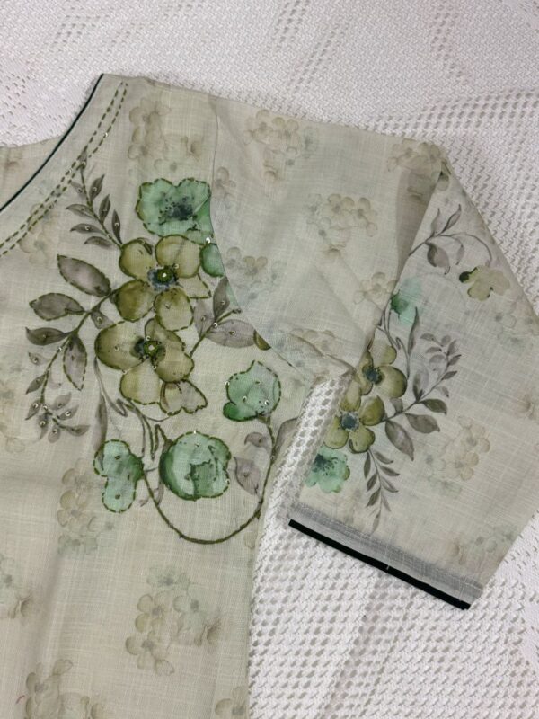 Light Pesta Green Linen Kurti with Kantha Stitch Work