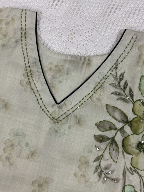 Light Pesta Green Linen Kurti with Kantha Stitch Work