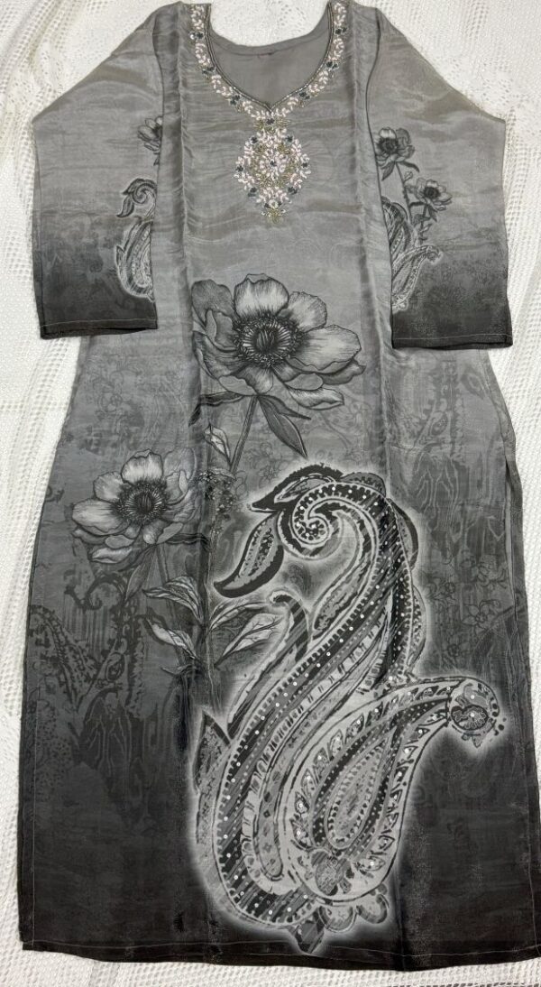 Beautiful Grey Tissue Fabric Kurti with Digital Print & Zardosi Work, Pant & Dupatta Set