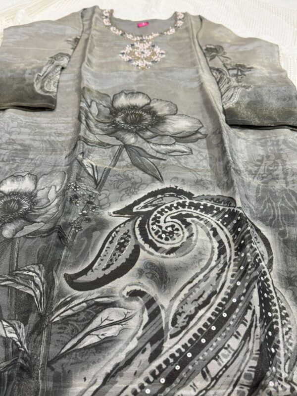 Beautiful Grey Tissue Fabric Kurti with Digital Print & Zardosi Work, Pant & Dupatta Set