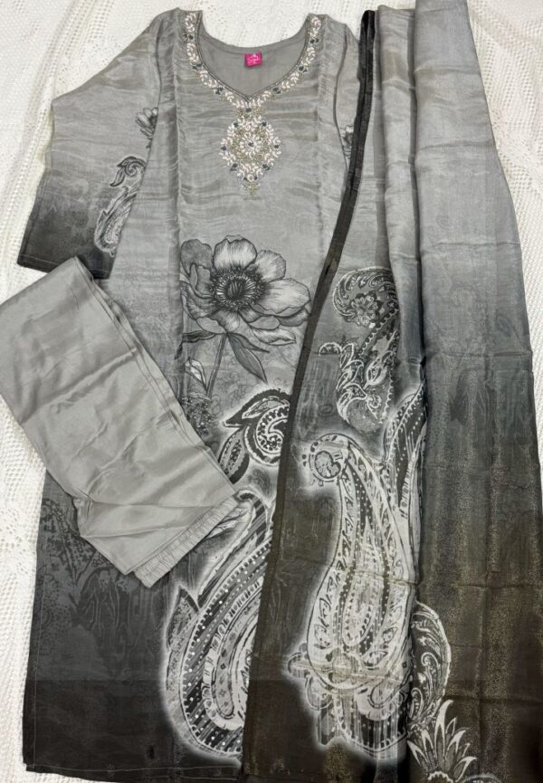 Beautiful Grey Tissue Fabric Kurti with Digital Print & Zardosi Work, Pant & Dupatta Set
