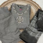 Beautiful Grey Tissue Fabric Kurti with Digital Print & Zardosi Work, Pant & Dupatta Set