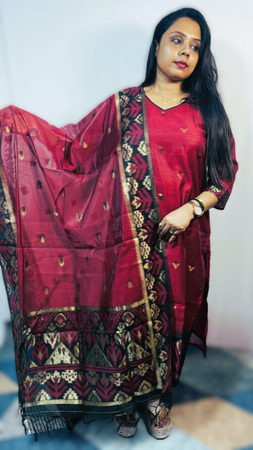 Maroon Soft Tasar Banarasi Kurti Set with Dupatta & Pant