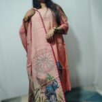 Peach Linen Kurti with Embossed Glitter & Artistic Highlight Painting, Pant & Dupatta Set