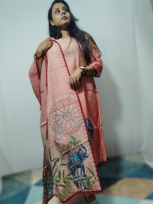 Peach Linen Kurti with Embossed Glitter & Artistic Highlight Painting, Pant & Dupatta Set