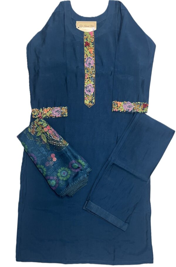 Navy Blue Silk Kurti Set with Hand-Stitched Embroidery & Printed Organza Dupatta – Palazzo Ethnic Wear