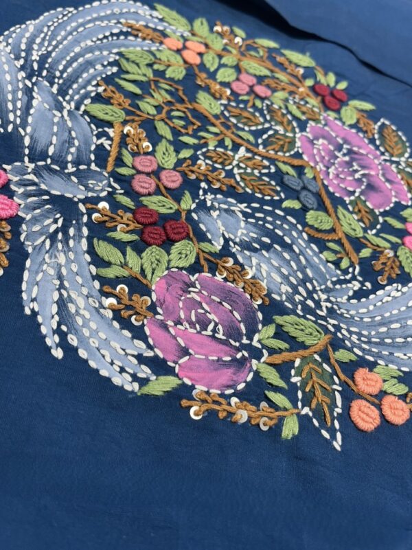 Navy Blue Silk Kurti Set with Hand-Stitched Embroidery & Printed Organza Dupatta – Palazzo Ethnic Wear