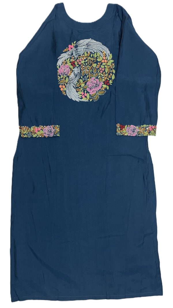 Navy Blue Silk Kurti Set with Hand-Stitched Embroidery & Printed Organza Dupatta – Palazzo Ethnic Wear