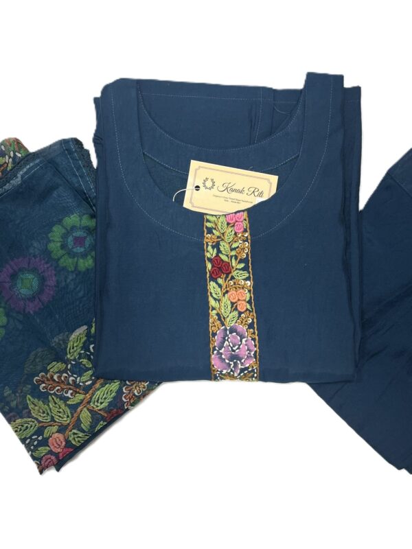 Navy Blue Silk Kurti Set with Hand-Stitched Embroidery & Printed Organza Dupatta – Palazzo Ethnic Wear