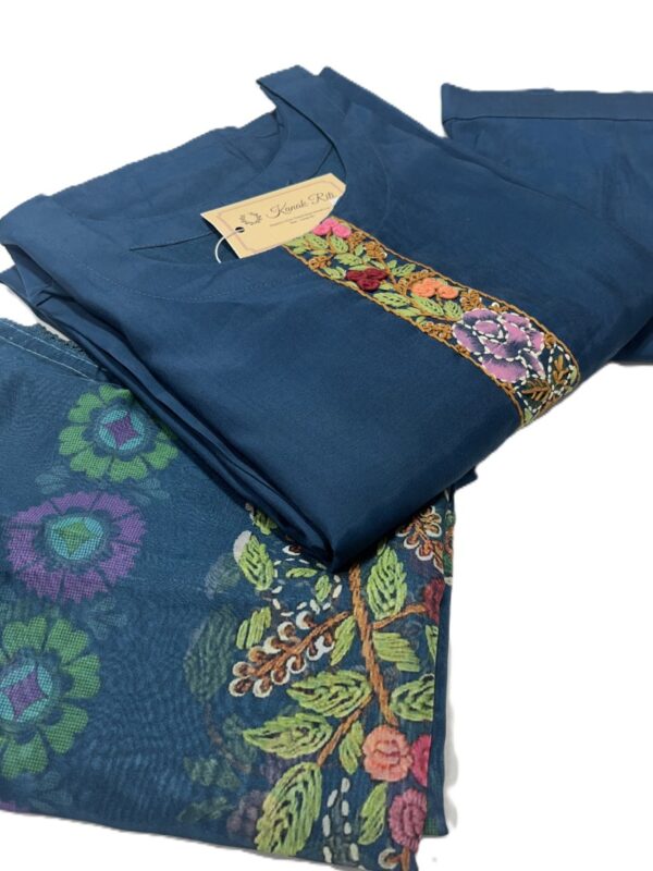 Navy Blue Silk Kurti Set with Hand-Stitched Embroidery & Printed Organza Dupatta – Palazzo Ethnic Wear