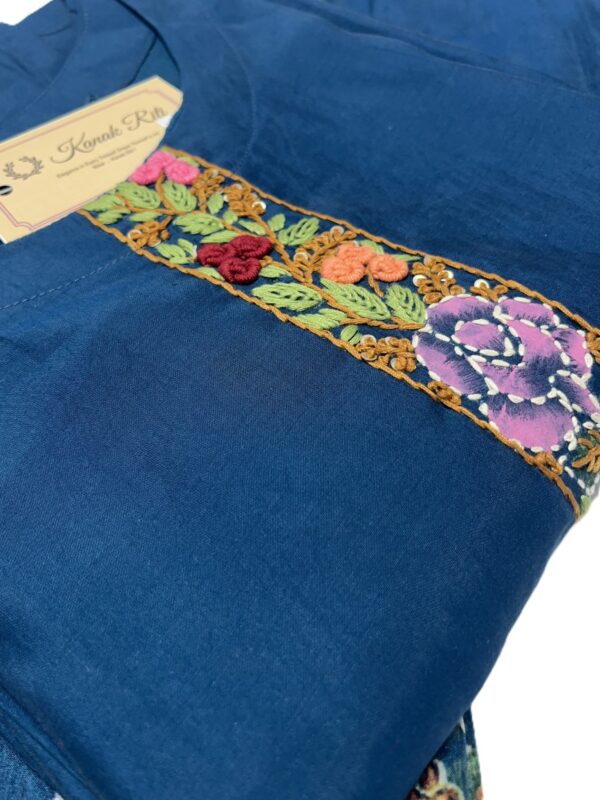 Navy Blue Silk Kurti Set with Hand-Stitched Embroidery & Printed Organza Dupatta – Palazzo Ethnic Wear