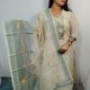 Off-White Weaved Tassar Kurti with Pant & Dupatta – Elegant Zari Work