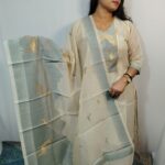 Off-White Weaved Tassar Kurti with Pant & Dupatta – Elegant Zari Work