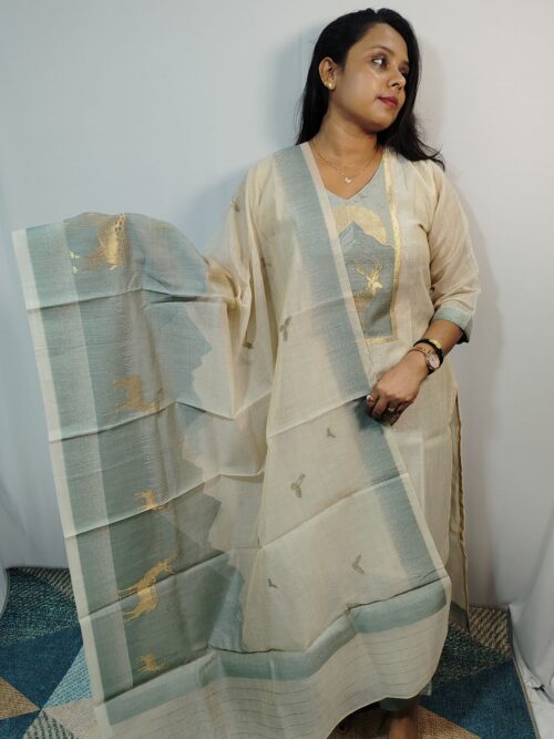 Off-White Weaved Tassar Kurti with Pant & Dupatta – Elegant Zari Work