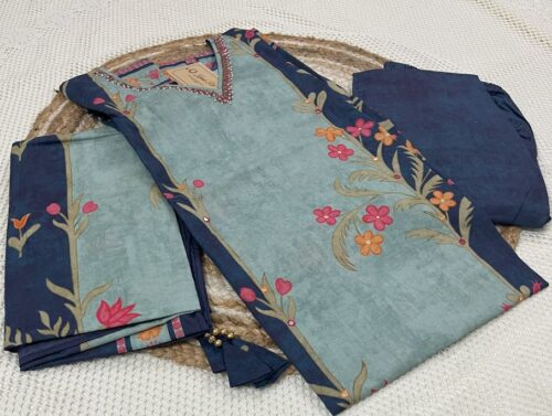 Teal Blue & Navy Floral Cotton Kurti Set with Dupatta