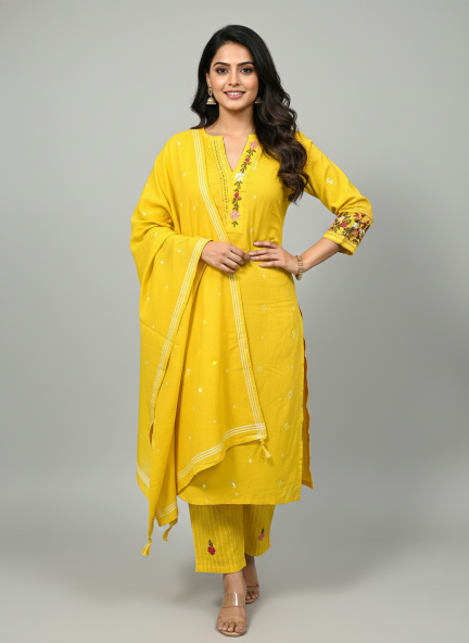 Mustard Yellow Handloom Cotton Kurti Set