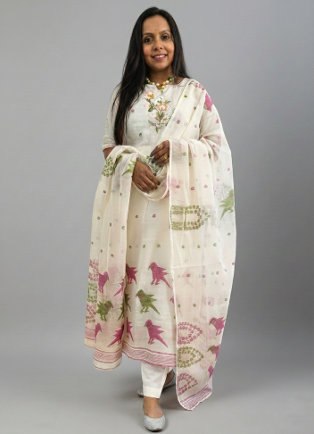 Premium Jamdani Hand-Embroidered Kurti Set with Dupatta and Pant