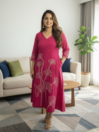 Rani Pink Raw Silk A-Line Dress with White Kantha Work