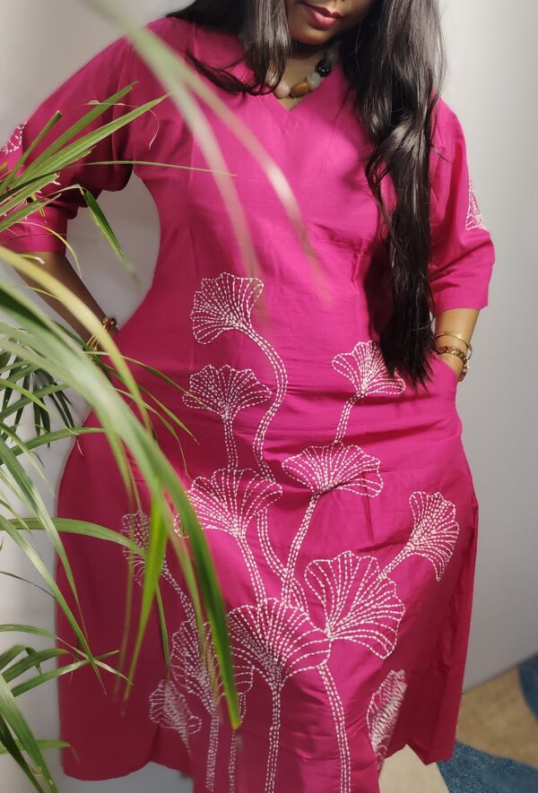 Rani Pink Raw Silk A-Line Dress with White Kantha Work