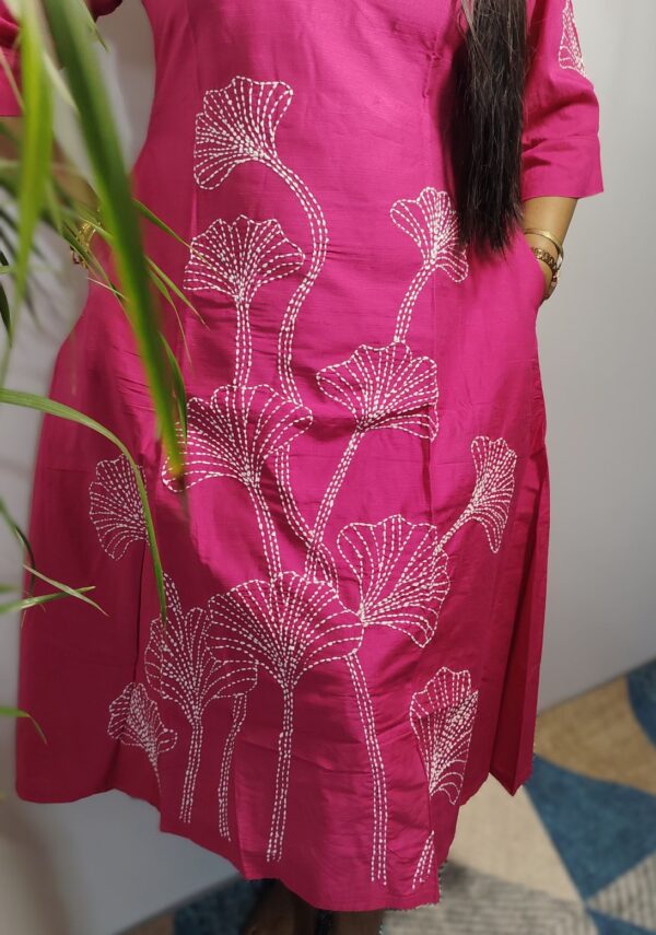 Rani Pink Raw Silk A-Line Dress with White Kantha Work