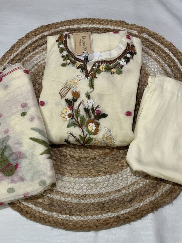 Premium Jamdani Hand-Embroidered Kurti Set with Dupatta and Pant