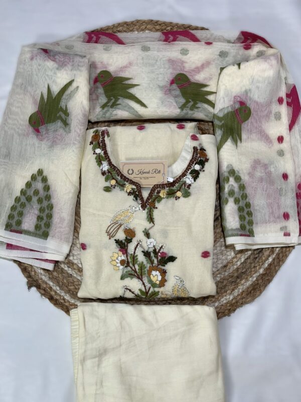 Premium Jamdani Hand-Embroidered Kurti Set with Dupatta and Pant