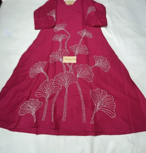 Rani Pink Raw Silk A-Line Dress with White Kantha Work