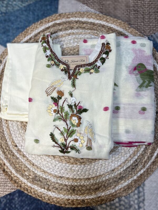 Premium Jamdani Hand-Embroidered Kurti Set with Dupatta and Pant