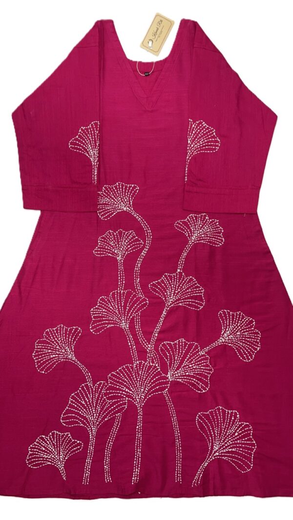 Rani Pink Raw Silk A-Line Dress with White Kantha Work