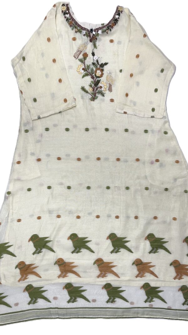 Premium Jamdani Hand-Embroidered Kurti Set with Dupatta and Pant