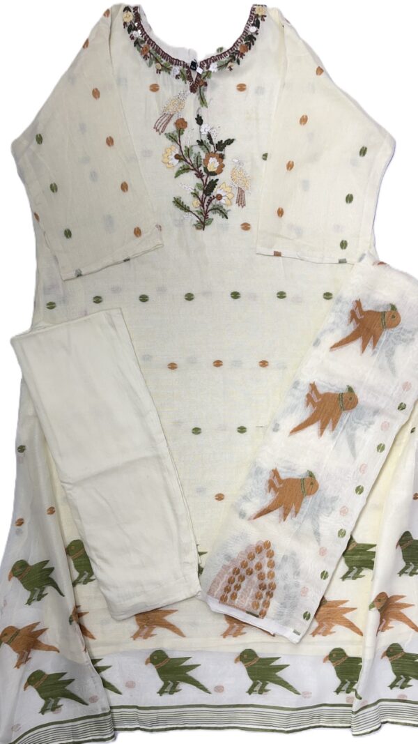 Premium Jamdani Hand-Embroidered Kurti Set with Dupatta and Pant