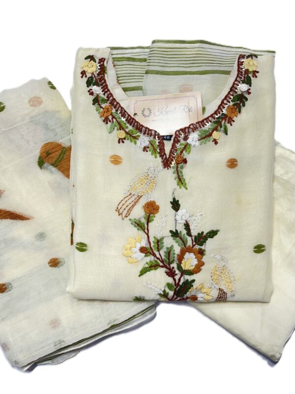 Premium Jamdani Hand-Embroidered Kurti Set with Dupatta and Pant