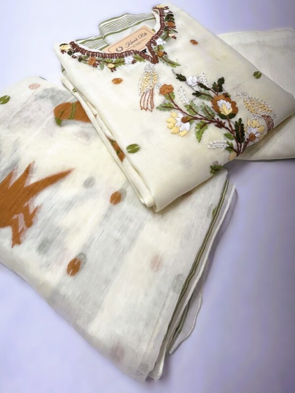 Premium Jamdani Hand-Embroidered Kurti Set with Dupatta and Pant