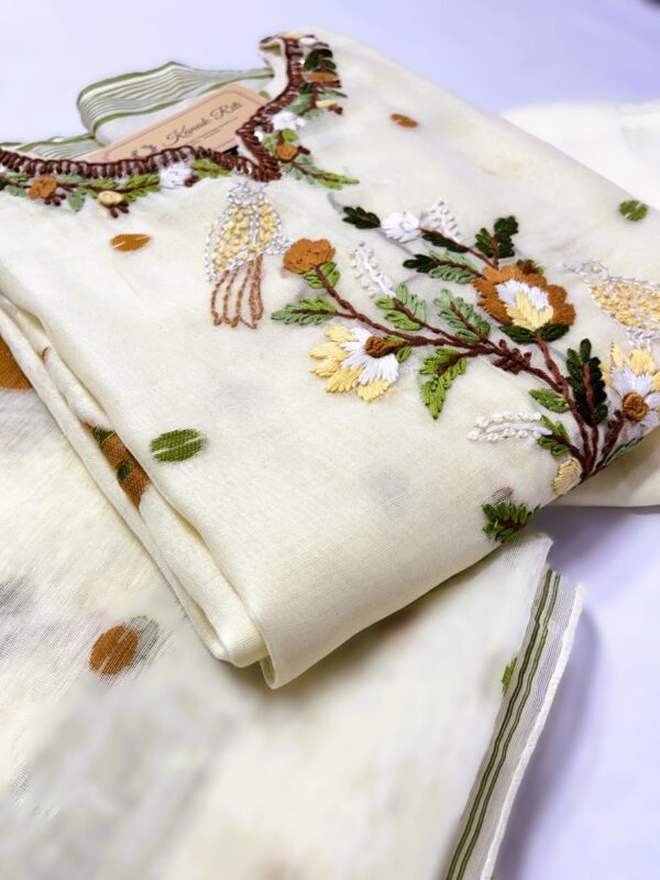 Premium Jamdani Hand-Embroidered Kurti Set with Dupatta and Pant